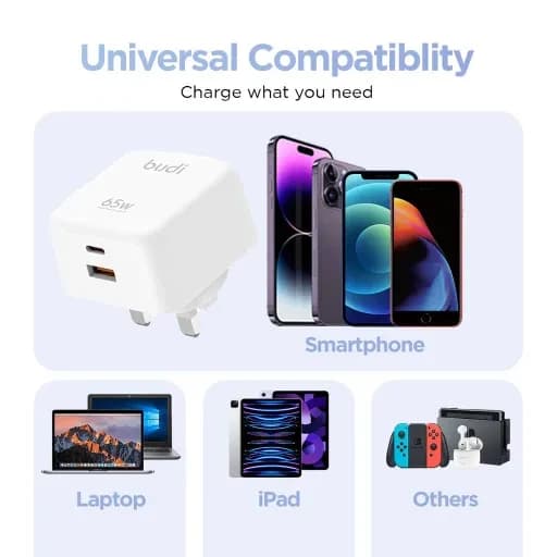 شارژر دیواری 65 وات بودی مدل Budi AC320UW سه پین با یک خروجی USB و یک خروجی USB-C