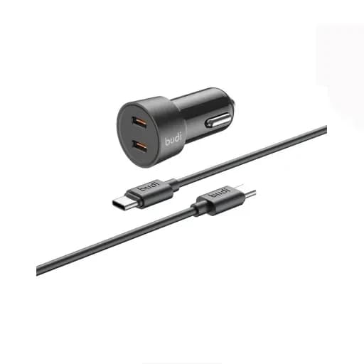 شارژر فندکی 33 وات بودی مدل Budi CC622RTTB با دو خروجی USB-C و کابل شارژ USB-C