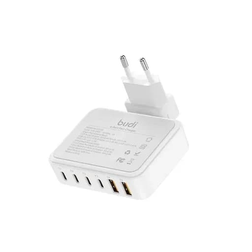 شارژر دیواری 60 وات بودی مدل Budi AC318EW با چهار خروجی USB-C و دو خروجی USB به همراه کابل 1.5 متری
