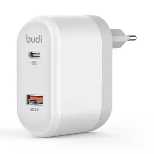 شارژر دیواری 36 وات بودی مدل Budi M8j328E دو پین با یک خروجی USB و یک خروجی USB-C و سری قابل چرخش