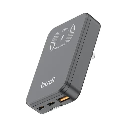 شارژر 30 وات بودی مدل Budi AC336WSB با دو خروجی USB-C، یک خروجی USB و شارژر بی سیم