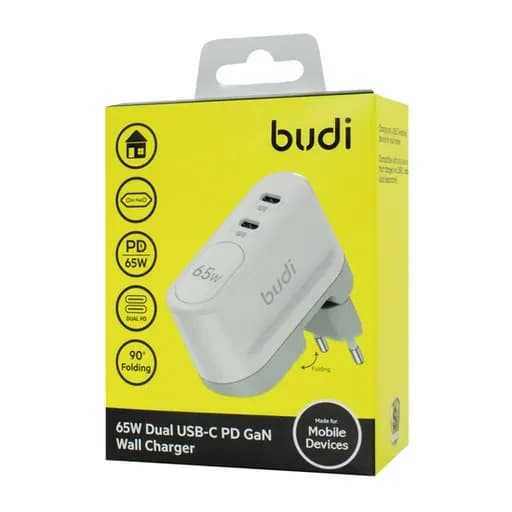 شارژر دیواری 65 وات بودی مدل Budi AC326REW دو پین با دو خروجی USB-C و سری قابل چرخش