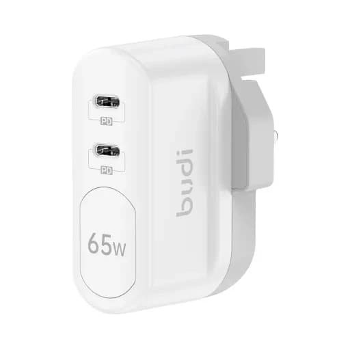 شارژر دیواری 65 وات مدل Budi AC326RUW سه پین با دو خروجی USB-C و سری قابل چرخش