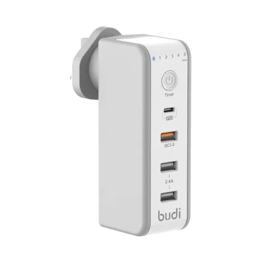 شارژر دیواری 48 وات بودی مدل Budi AC301TUW50 سه پین تایمردار با سه خروجی USB، یک خروجی USB-C و سری قابل چرخش