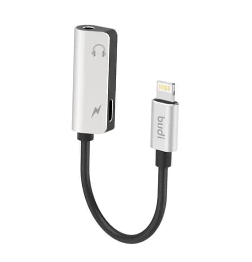 کابل تبدیل لایتنینگ به جک 3.5 میلی متری بودی مدل Budi DC137B طول 0.12 متر با قابلیت شارژ گوشی