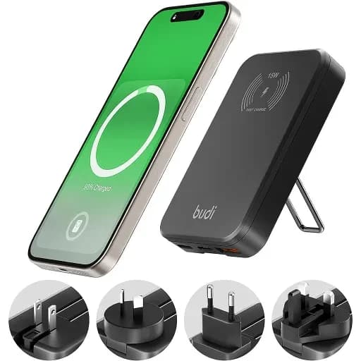 شارژر 30 وات بودی مدل Budi AC336WSB با دو خروجی USB-C، یک خروجی USB و شارژر بی سیم