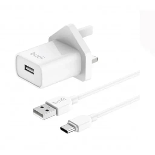 شارژر دیواری 12 وات بودی مدل Budi AC356UTW سه پین با یک خروجی USB به همراه کابل USB به USB-C به طول 1 متر