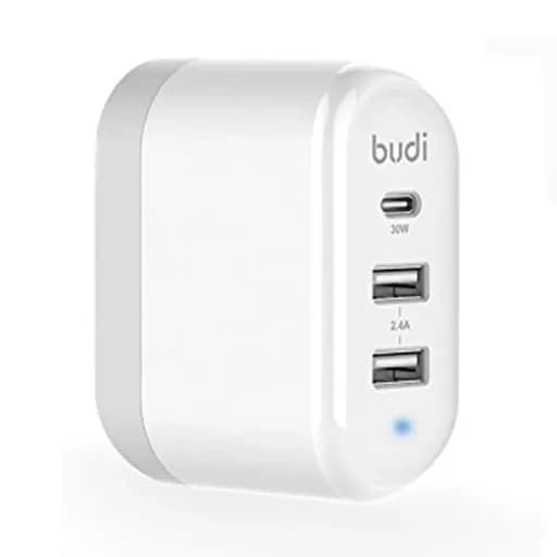 شارژر دیواری 42 وات بودی مدل Budi AC028TU سه پین با دو خروجی USB و یک خروجی USB-C و سری قابل چرخش