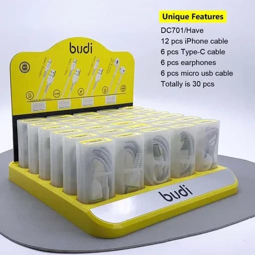 پک 30 عددی کابل شارژ USB به لایتنینگ/USB-C/MicroUSB و هندزفری بودی مدل Budi DC701