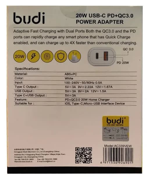 شارژر دیواری 20 وات بودی مدل Budi AC339VEW با یک خروجی USB و یک خروجی USB-C