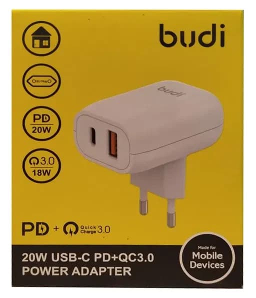 شارژر دیواری 20 وات بودی مدل Budi AC339VEW با یک خروجی USB و یک خروجی USB-C
