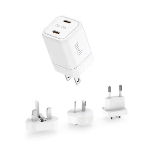شارژر دیواری 33 وات بودی مدل Budi AC016RSW با دو خروجی USB-C