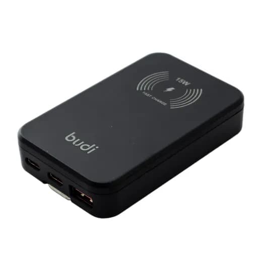 شارژر 30 وات بودی مدل Budi AC336WSB با دو خروجی USB-C، یک خروجی USB و شارژر بی سیم