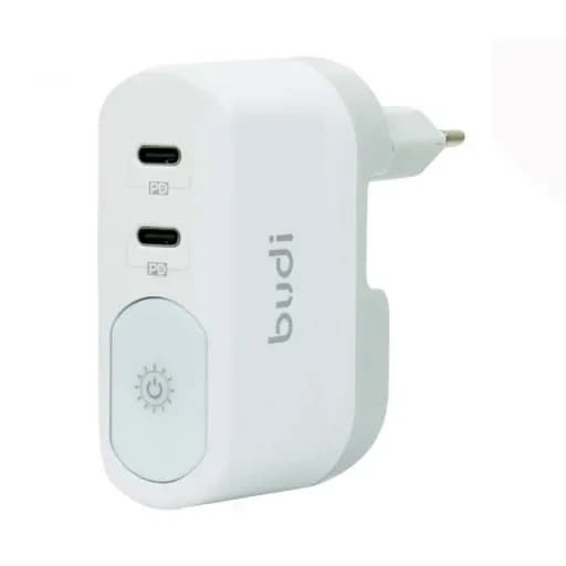 شارژر دیواری 40 وات بودی مدل Budi AC326DEW دو پین با دو خروجی USB-C، نورپردازی و سری قابل چرخش