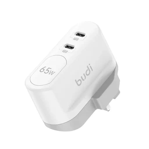 شارژر دیواری 65 وات مدل Budi AC326RUW سه پین با دو خروجی USB-C و سری قابل چرخش