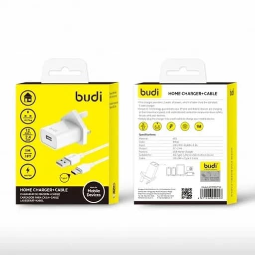 شارژر دیواری 12 وات بودی مدل Budi AC356UTW سه پین با یک خروجی USB به همراه کابل USB به USB-C به طول 1 متر
