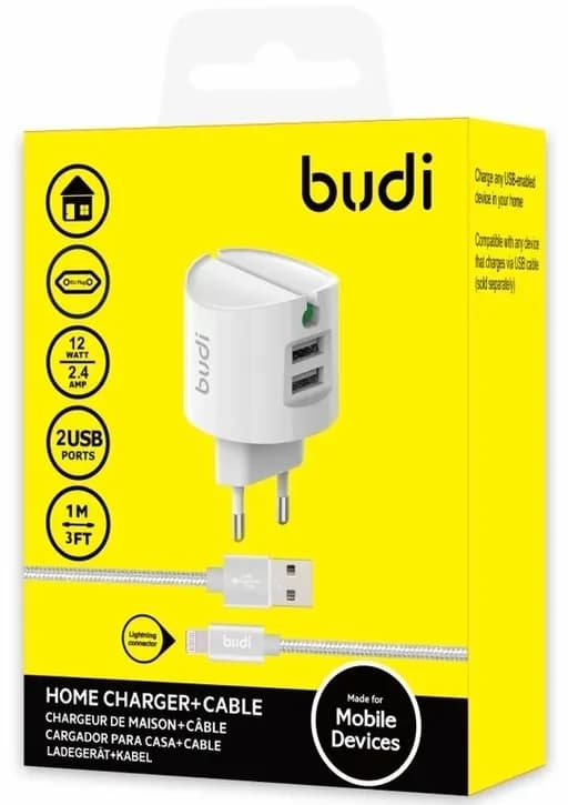 شارژر دیواری 12 وات بودی مدل Budi AC322EW با خروجی USB به همراه کابل USB به لایتنینگ