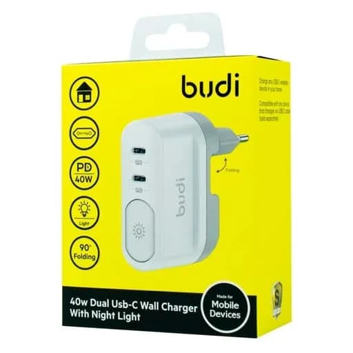 شارژر دیواری 40 وات بودی مدل Budi AC326DEW دو پین با دو خروجی USB-C، نورپردازی و سری قابل چرخش