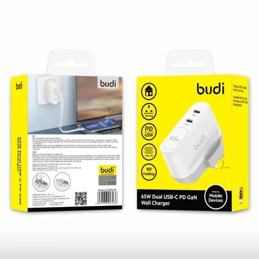 شارژر دیواری 65 وات مدل Budi AC326RUW سه پین با دو خروجی USB-C و سری قابل چرخش
