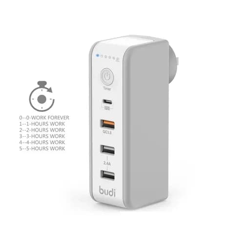 شارژر دیواری 48 وات بودی مدل Budi AC301TUW50 سه پین تایمردار با سه خروجی USB، یک خروجی USB-C و سری قابل چرخش