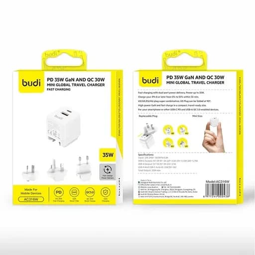 شارژر دیواری 35 وات بودی مدل Budi AC316W با یک خروجی USB و یک خروجی USB-C با سری های مختلف اتصال به پریز