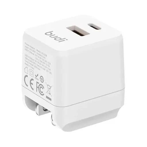 شارژر دیواری 35 وات بودی مدل Budi AC316W با یک خروجی USB و یک خروجی USB-C با سری های مختلف اتصال به پریز