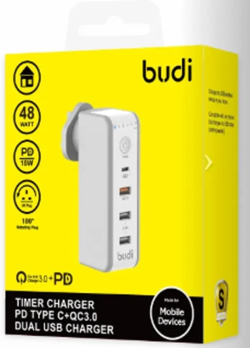 شارژر دیواری 48 وات بودی مدل Budi AC301TUW50 سه پین تایمردار با سه خروجی USB، یک خروجی USB-C و سری قابل چرخش