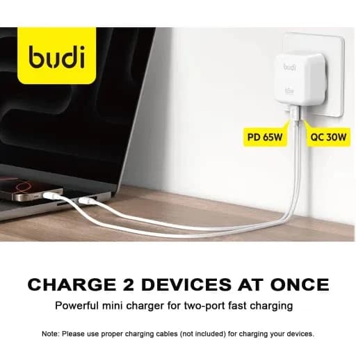 شارژر دیواری 65 وات بودی مدل Budi AC320UW سه پین با یک خروجی USB و یک خروجی USB-C
