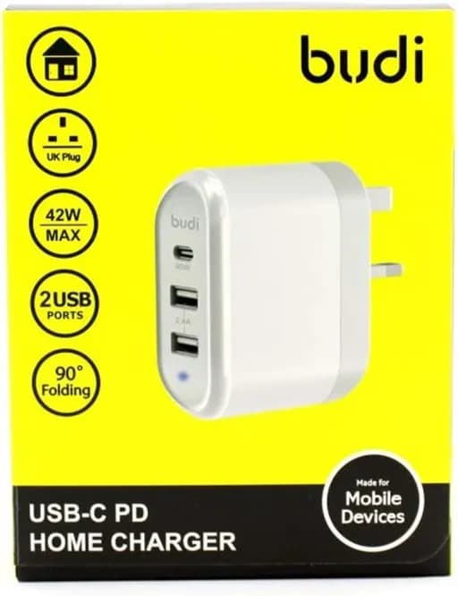 شارژر دیواری 42 وات بودی مدل Budi AC028TU سه پین با دو خروجی USB و یک خروجی USB-C و سری قابل چرخش