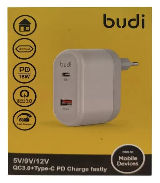 شارژر دیواری 36 وات بودی مدل Budi M8j328E دو پین با یک خروجی USB و یک خروجی USB-C و سری قابل چرخش